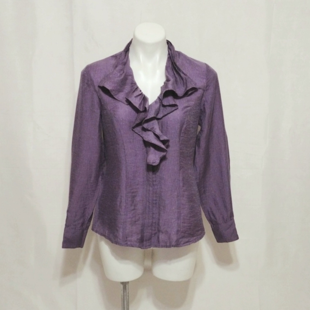 Coldwater Creek Purple Ruffle Blouse Women’s Medium Long Sleeve Dressy Work Top